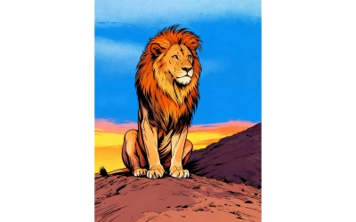 Portrait Lion Standing Mountain Against Sky Illustration