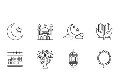 Zestaw ikon Ramadanu i Islamu z symbolami półksiężyca, meczetu, modlitwy, Koranu i latarni