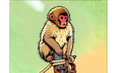 Baby Japanese Macaque Sitting Rusty Pipe Illustration
