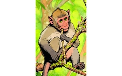 Baby Long Tailed Macaque Tree Biting Twig Illustration