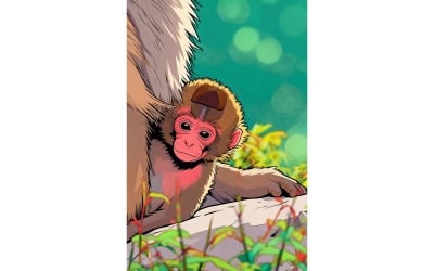 Brown Baby Japanese Macaque Stone Surrounded By Greenery Illustration