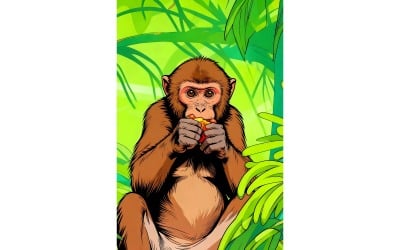 Illustrazione di una scimmia marrone seduta su un albero che mangia una banana