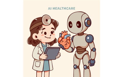 Cartoon Girl in White Coat Holding Tablet and Smiling