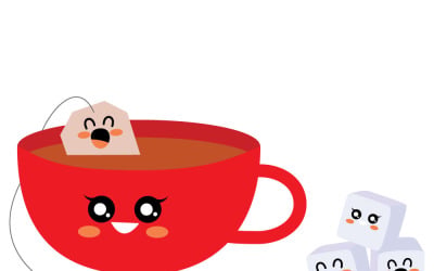 Niedliche rote Teetasse mit fröhlichem Teebeutel und Kawaii-Zuckerwürfeln