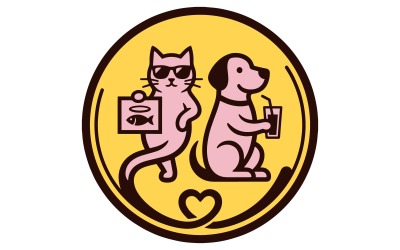 Logotipo divertido com cachorro e gato para identidade visual de loja de animais.