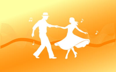 Silhouette di coppia che ballano swing a ritmo di musica su sfondo arancione