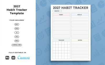 Suivi des habitudes 2027 pour les agendas – Productivité, suivi des objectifs, format A4 minimaliste