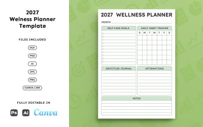 2027 Wellness Planner Template – Personal Organization, Self-Care &amp;amp; Habit Tracking, Minimal A4
