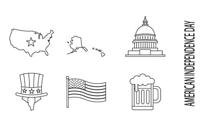 Symbolset zum amerikanischen Unabhängigkeitstag mit US-Karte, Kapitol, Flagge, Onkel-Sam-Hut und Bierkrug