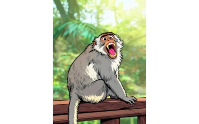 Primo piano di un macaco su una sporgenza di legno con la bocca aperta, illustrazione naturale sfocata