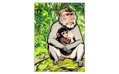 Illustrazione di una simpatica scimmia macaco che tiene in braccio il suo cucciolo