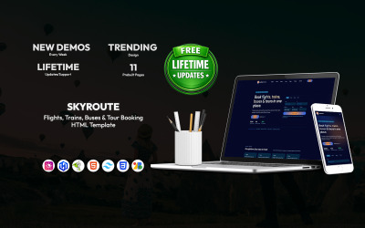 SkyRoute — HTML šablona pro rezervaci letů, vlaků, autobusů a zájezdů (Tailwind CSS)