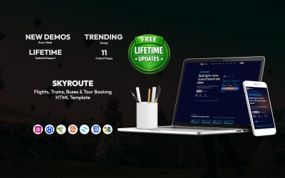 SkyRoute — Modèle HTML de réservation de vols, trains, bus et excursions (Tailwind CSS)