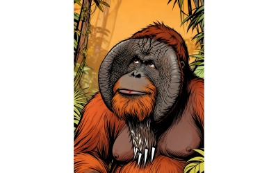 Illustrazione di animali selvatici dell&amp;#39;orango del Borneo in via di estinzione, habitat roccioso, Pongo Pygmaeus