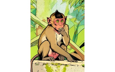 Illustrazione di un macaco dalla coda lunga seduto che mangia un muro di cemento