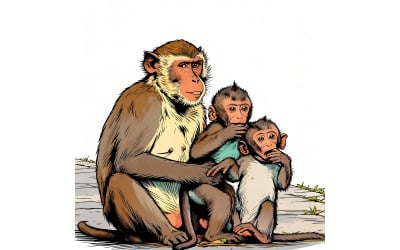 Monkey Family Sitting Footpath Illustration