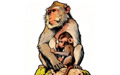 Ripresa verticale di una madre, di un cucciolo di babbuino e di una scimmia che riposa su una roccia. Illustrazione
