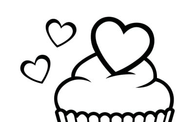 Cupcake With Hearts Line Art Illustration, Love Dessert Icon for Valentine Baking and Crafts