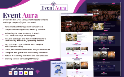 EventAura – Yaratıcı Etkinlik Yönetimi ve Planlama Çok Sayfalı Web Sitesi Şablonu