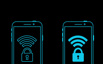 Mobile WiFi Security Concept With Locked Padlock Icons On Smartphone Screens In Blue Outline