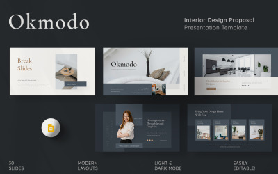 Okmodo - Modelo de Apresentação de Proposta de Design de Interiores para o Google Slides