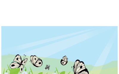 Spring Background with Butterflies and Blooming Snowdrops in a Grassy Field