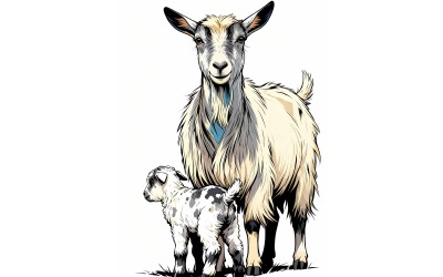 Mother Goat Calf Comic Illustration
