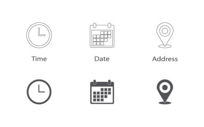 Time, Date and Address Icons Set — Minimal Clock, Calendar and Location Pin UI Symbols