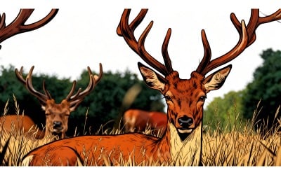 Illustrazione di un alce maschio circondato da altri animali