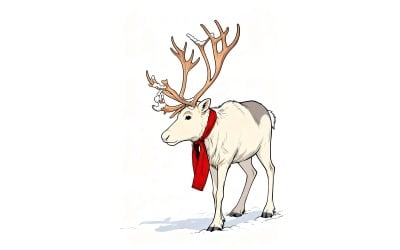 Renna, caribù, foresta innevata, Babbo Natale, renna, aiutante di Natale, sciarpa rossa, illustrazione
