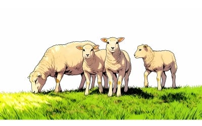 Sheep Grazing Comic Illustration