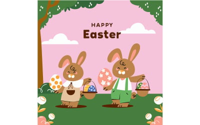Two Cheerful Cartoon Rabbits Celebrating Easter