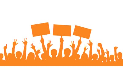 La vivace silhouette arancione di una folla di persone che reggono cartelli di protesta durante una manifestazione.