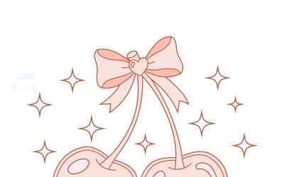 Cute Pink Cherries With Bow And Sparkles — Kawaii Fruit Illustration For Stickers And Fashion