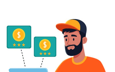 Freelance Man Working on Laptop Earning Online Income and Managing Ratings and Payments
