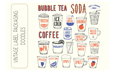 Beverage Doodle Icon Set  of Coffee, Bubble Tea, Soda, and Cocktails