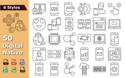 Digital Native Technologie-Icon-Paket – Vektor-Icons-Set für Technologie, Daten, Netzwerke und digitale Systeme