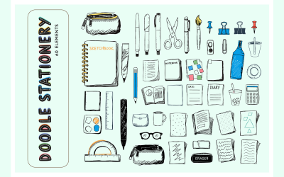Doodle Hand-Drawn Vector Elements of School Supplies, Office Stationery, and Creative Tools