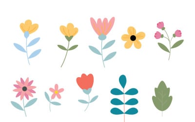 Colección floral de primavera y verano dibujada a mano con flores silvestres y hojas.