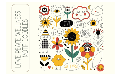 Hippie Groovy Wellness Doodle smajlíky, květinami, mraky a pozitivní vibracemi