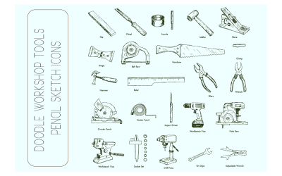 Illustrations of Workshop Tools Pencil Sketch Icon