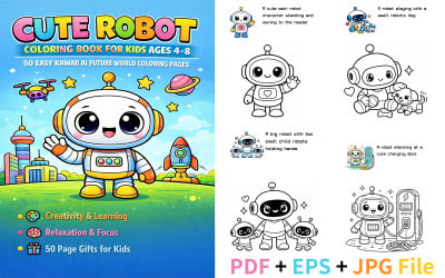 Cute Robot Coloring Book for Kids Ages 4–8 50 Easy Kawaii