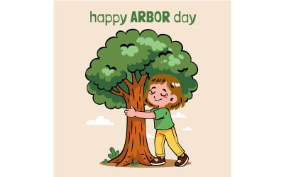 Girl Character Happily Hugging a Big Tree