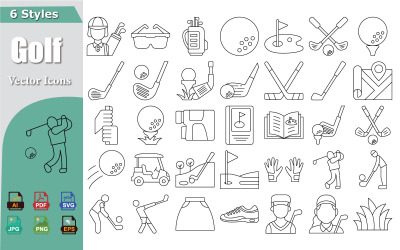 Premium golfikoner paket – sportgolfutrustning, spelaråtgärder, golfelement vektorikoner set
