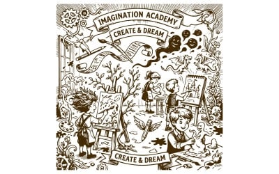 Adventure Children Riding a Brontosaurus through a Prehistoric Jungle with a Volcano Illustration