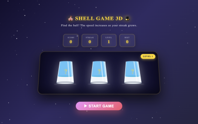 Shell Game 3D – Jeu de mélange de casino HTML5 avec son et système de niveaux