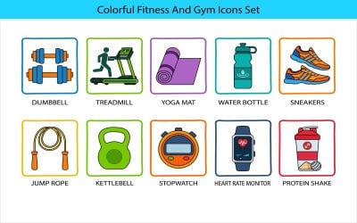 Colorful fitness gym icons set with dumbbell treadmill yoga mat isolated on white background