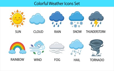 Colorful weather icons set with sun cloud rain snow and more isolated on white background