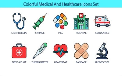 Färgglada medicinska och hälsovårdsikoner anger vektorgrafik isolerad på vit bakgrund