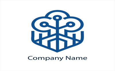 Minimalistyczne niebieskie logo technologiczne z abstrakcyjnym symbolem sieci chmurowej i struktury danych